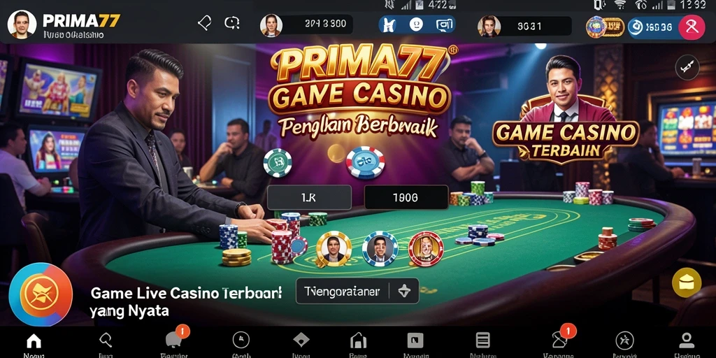 Screenshot gameplay PRIMA77 menampilkan dealer live dan suasana kasino yang otentik.