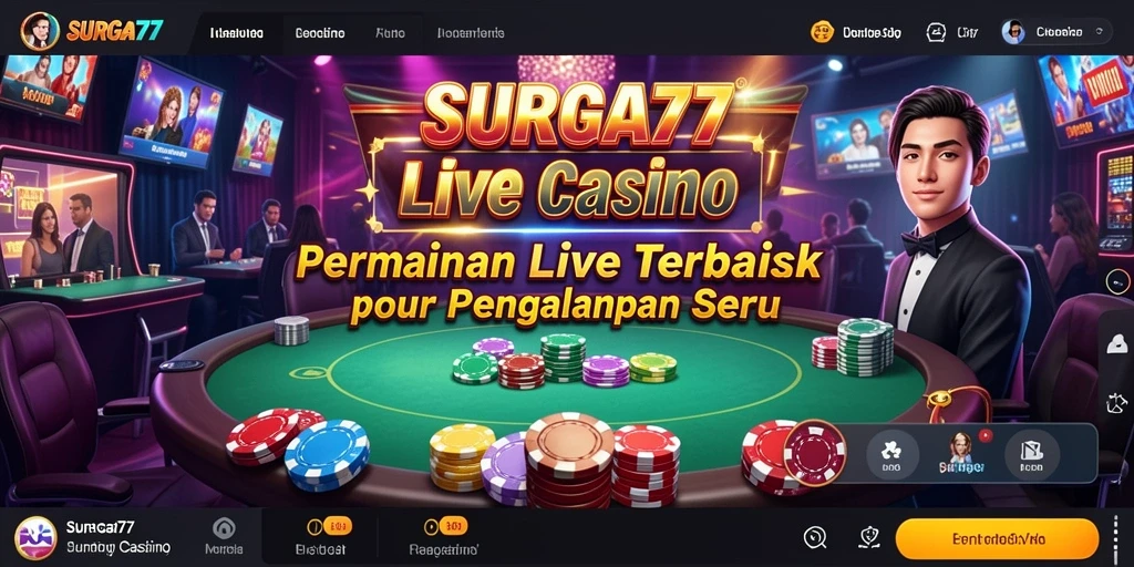 Screenshot gameplay SURGA77 menampilkan dealer langsung dan interaksi pemain dalam suasana kasino.